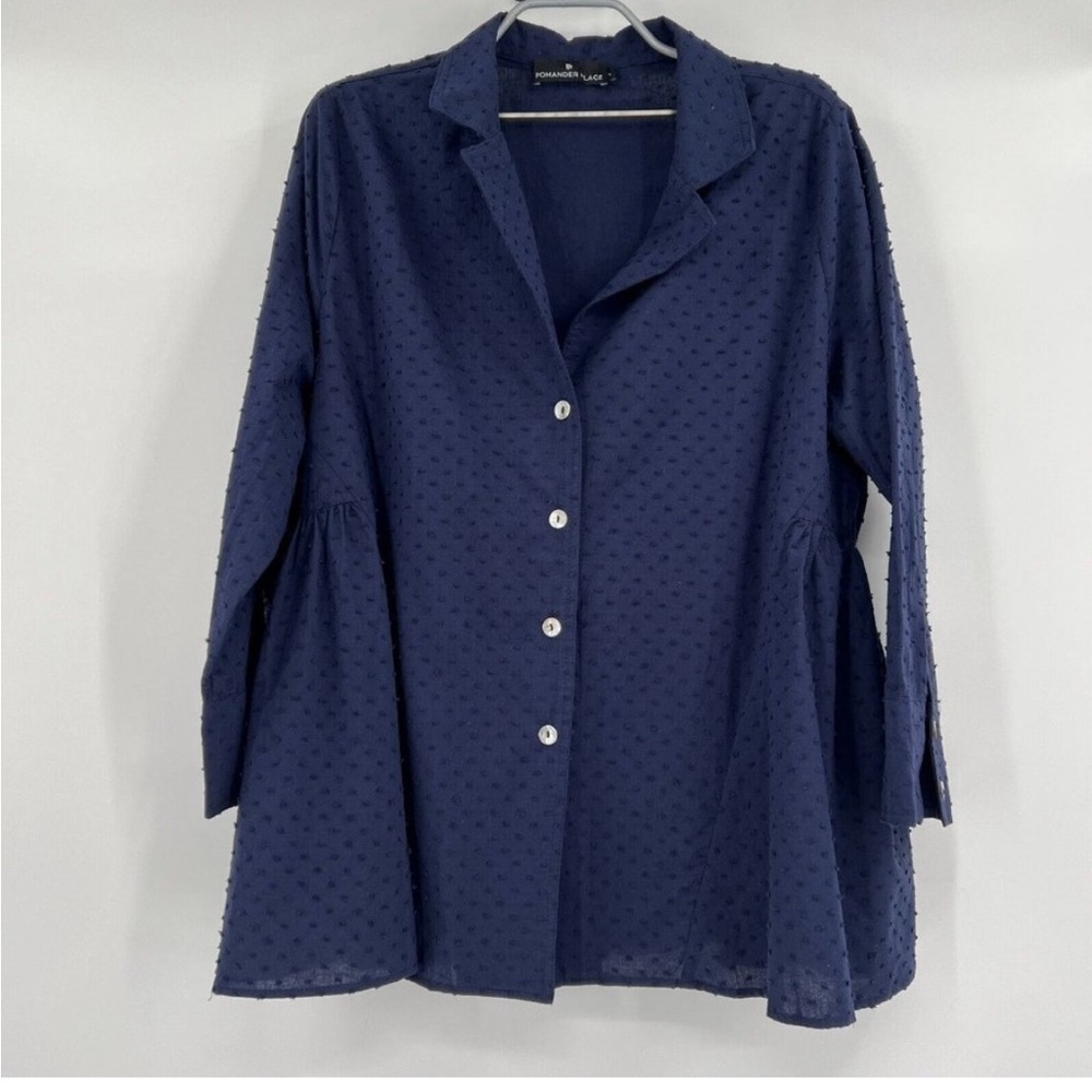 Pomander Place Tuckernuck Navy Blue Swiss Dot Scarlett Button Down Shirt Top L